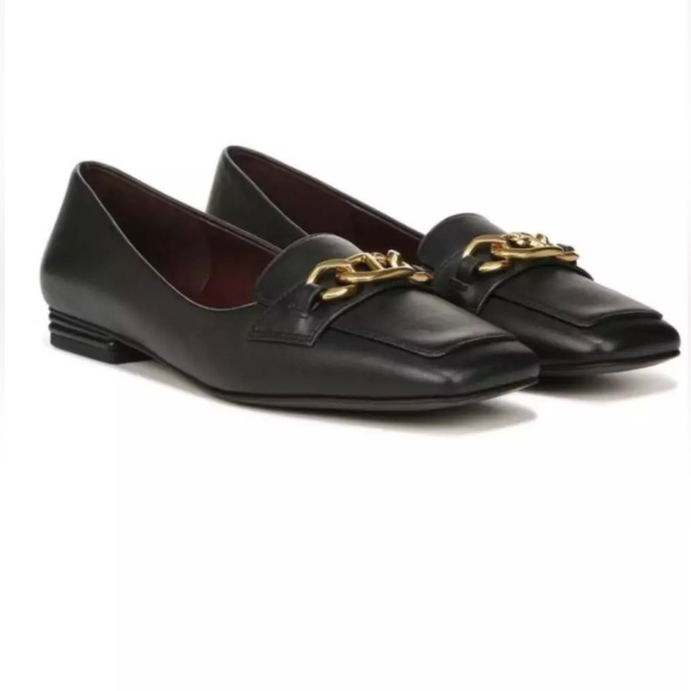 FRANCO SARTO TIARI LEATHER FLAT LOAFER Black Gold Matte Accent Square Toe Sz 6.5
